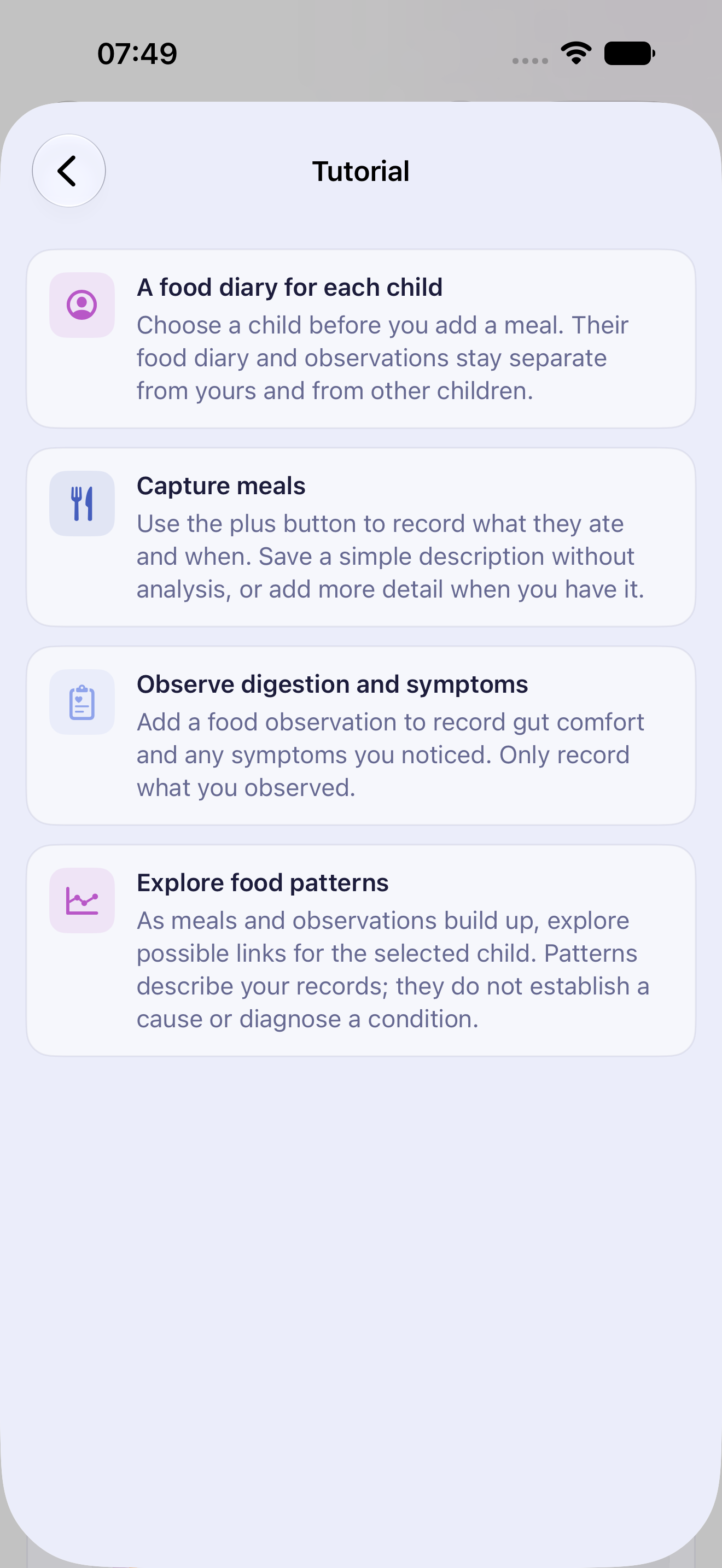 Eat Kids tutorial describing child-specific meals, observations and food patterns