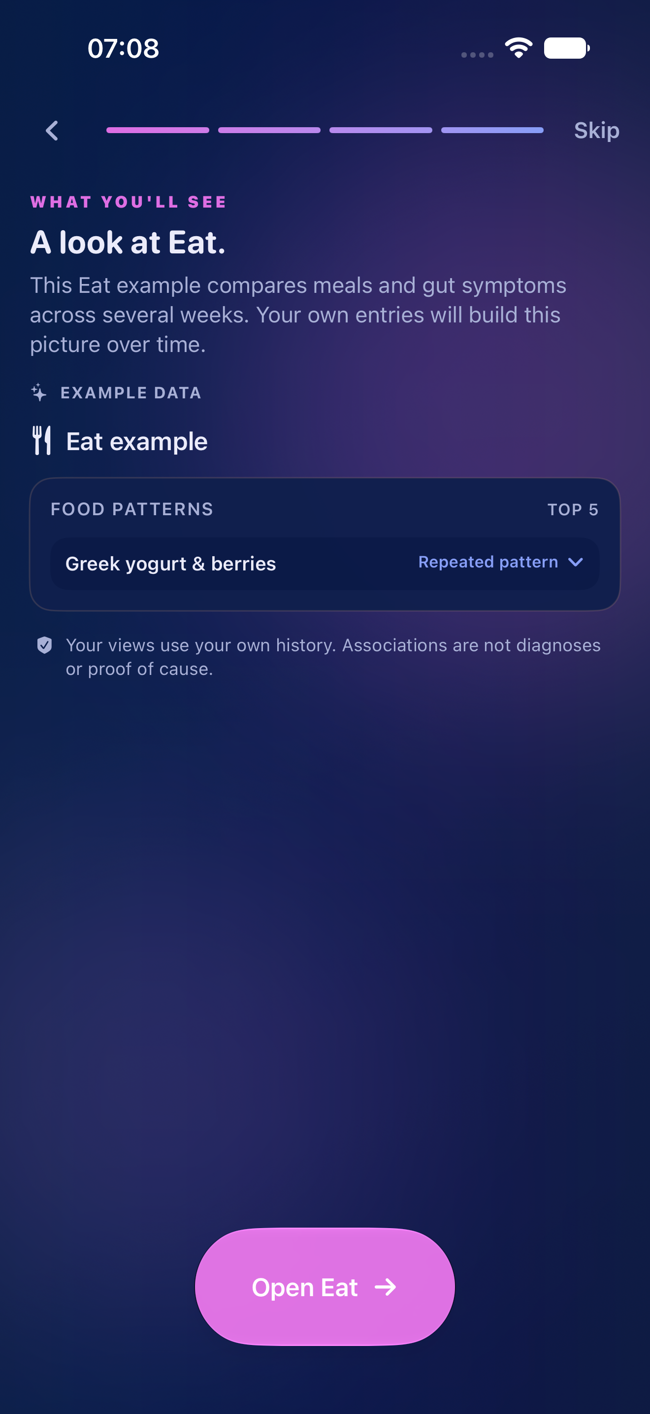 FoodSteps onboarding introducing meals and gut comfort